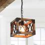 Anmytek Adjustable Wood Metal Chandelier Cube Iron Net Frame Pendant Lighting for Kitchen Island Rustic Industrial Edison Hanging Light Dining Room Vintage Ceiling Light Fixture 1-Light (P0031)