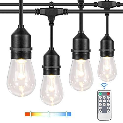 3 Color Dimmable LED Outdoor String Lights with Remotes, 48FT Waterproof Patio Hanging Lights with Shatterproof E26 S14 LED Bulbs for Bistro Cafe Pergola Party, Warm White/Nature White/Daylight White