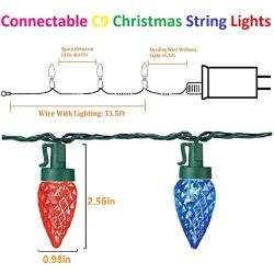 OZS- Extendable C9 Christmas Lights, 50 LED 49ft Green Wire Outdoor Fairy Lights with UL Adaptor, String Lights for Christmas Tree Patio Wedding Party Decoration (Multicolor)