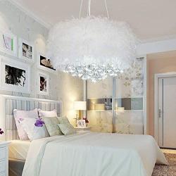 Bhesky Feather Chandelier Clear Crystal Pendant Light Rustic Drum Hanging Lamp Fixture for Dining Living Room Bedroom Restaurant Hotel (Color : White, Size : 16 inch)