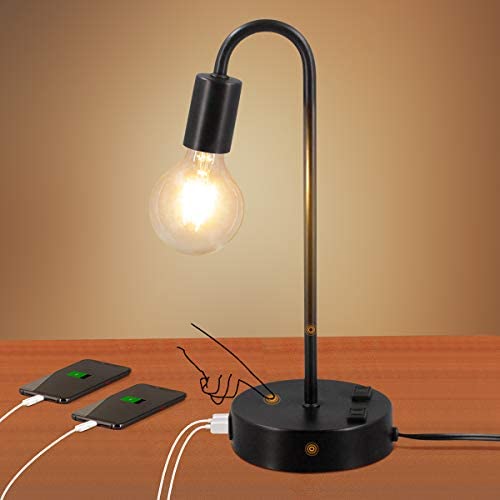 Industrial Table Lamp, 3 Way Dimmable Touch Control Table Lamp with 2 USB Charging Ports & 2 AC Outlet, Vintage Bedside Nightstand Lamp for Farmhouse Bedroom Living Room, LED Edison Bulb Included
