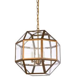 Foyer Lantern Pendant Lighting Fixture with Clear Glass, A1A9 3-Light Chandelier LED Hanging Ceiling Light for Farmhouse, Dining Room, Kitchen, Hallway, D16 H15 Max Chain 45 (Antique Brass)