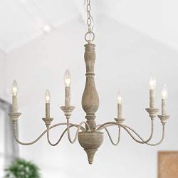 GEPOW 6-Light French Country Chandelier, Handmade Real Wood Farmhouse Chandelier, Distressed Finish Light Fixture for Dining Room, Living Room, Bedroom, Kitchen, Stairway, Kitchen