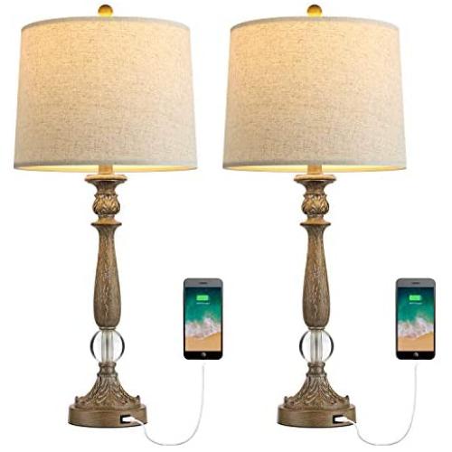 BOBOMOMO 27.75 USB Table Lamp with Charging Port Set of 2 Crystal-Resin Antique Nightstand Lamp for Bedroom Living Room Office Retro Classic Bedside Desk Lamps with Linen Fabric Shade