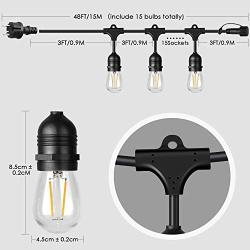 Albrillo LED Outdoor String Lights - 48FT Outdoor Patio Lights String S14 with 2W Dimmable Vintage Edison Bulbs, 15 sockets, Waterproof IP65, UL Listed, Commercial Grade, for Backyard, Christmas