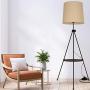 Modern Industrial Flaxen Lampshade Tripod Floor Lamp with Shelves- Modern Mid Century Design Standing Light with Metal Legs - Adjustable Height Reading Light for Living Room Bedside Office