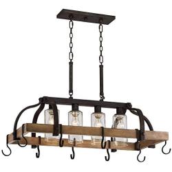 Eldrige Bronze Wood Pot Rack Linear Pendant Chandelier 36 1/2'' Wide Rustic Farmhouse Clear Seeed Glass 4-Light Fixture for Kitchen Island Dining Room - Franklin Iron Works