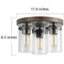 LALUZ 3 Semi Flush Mount Ceiling Light, Farmhouse Fixture in Faux Wood and Rustic Black Metal Finish with 3 Cylindrical Clear Glass Shades, Vintage Style for Foyer, Hallway, Kitchen, Dining Rooms