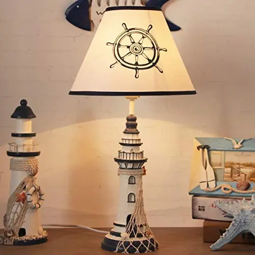 LITFAD Modern Bedside Table Lamp 1 Light Lighthouse LED Reading Light Nautical Style Resin Desk Lamp in Blue for Bedroom Kids Room Office - Rudder LITFAD Modern Bedside Table Lamp 1 Light Lighthouse LED Reading Light Nautical Style Resin Desk Lamp in Blue for Bedroom Kids Room Office - Rudder
