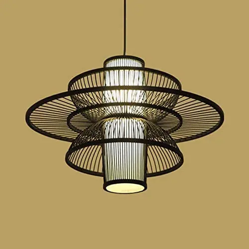 LITFAD Multi Tiers Ceiling Pendant Light 1 Light LED Pendant Lamp Modern Handmade Bamboo Hanging Light for Dining Room Restaurant Living Room - Black, 23.5''(60 cm)