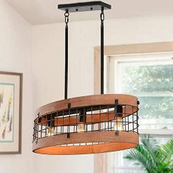 Giluta Rustic Chandelier Oval Wood Frame Mesh Cage Pendant Light Fixture Farmhouse Kitchen Chandelier Edison Hanging Ceiling Light 3 Lights, Brown (C0062)