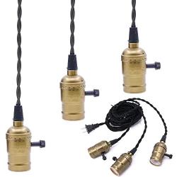 Swpeet Copper Vintage Triple Light Sockets Pendant Hanging Light Cord with Switches, E26 / E27 Solid Industrial Triple Lamp Sockets Cord for Kitchens, Dining Rooms, Bars and Restaurants (Copper)