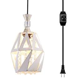 LBTSMUK Crystal Swag Lights with 16 FT Plug-in Cord and On/ Off Dimmer Switch, White Cage Hanging Lamps, Rustic Hanging Pendant Light for Kitchen Island Living Room Kitchen Sink Dining Room Hallway