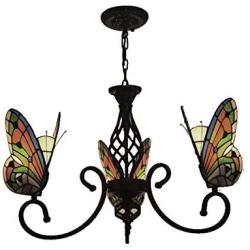 CraftThink Pendant Lighting LED Chandelier Light Antique Tiffany Style Stained Glass with Butterfly Shaped Lamp Shade Hanging Light for Dining Living Cafe Room Restaurant - TYP A-Butterfly -3 Lights