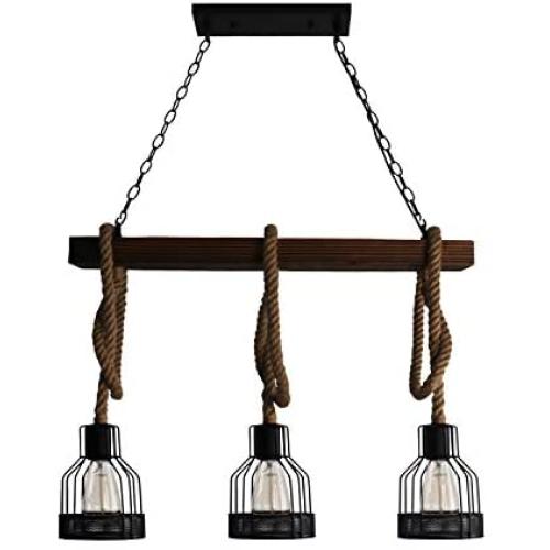 Unitary Brand Rustic Black Metal and Wood Body Cage Shades Dining Room Multi Pendant Lighting with 3 E26 Bulb Sockets 120W Painted Finish