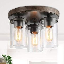 LALUZ 3 Semi Flush Mount Ceiling Light, Farmhouse Fixture in Faux Wood and Rustic Black Metal Finish with 3 Cylindrical Clear Glass Shades, Vintage Style for Foyer, Hallway, Kitchen, Dining Rooms