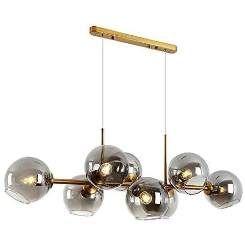 CCSUN Nordic Glass Ball Long Chandelier,110cm Island Lights 8-Lights Spherical Pendant Light E26 Golden Mid Century Chandelier Smoke Gray Globe Decor Hanging Lamp for Living Room Dining Room