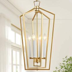 KSANA Gold Chandelier, 4-Light Gold Pendant Light with Adjustable Framework for Kitchen, Dining Room, 14'' W x 28.3'' H