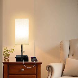 USB Bedside Table Lamp,Cotanic Minimalist Bedside Desk Lamp with Charging Port,Lamps for Bedrooms,Fabric Shade Ambient Light,Modern Nightstand Lamp with Pull Chain