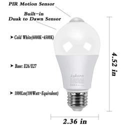 Motion Sensor Light Bulbs, Aukora 12W (100-Watt Equivalent) E26 Motion Activated Dusk to Dawn Security Light Bulb Outdoor/Indoor for Front Door Porch Garage Basement Hallway Closet(Cold White 2 Pack)