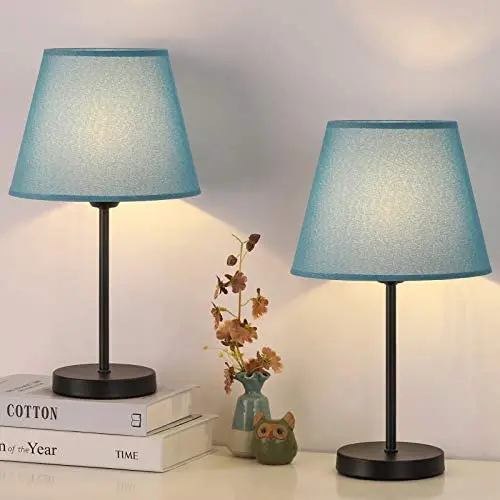 Small Nightstand Table Lamps, Set of 2 Bedside Desk Lamp with Blue Linen Lampshade for Bedroom Living Room College Dorm 