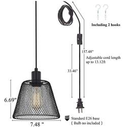 WOXXX Black Cage Plug in Pendant Light with Metal Shade, Farmhouse Pendant Lighting Plug in for Kitchen Island Living Room Bedroom, Industrial Chandelier 1-Light Hanging Lamp, in-Line On/Off Switch