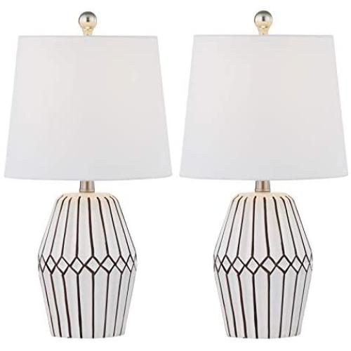 Maxax Ceramic Table Lamp Set of 2 Bedside Nightstand Lamp White Geometric Desk Lamp Drum Fabric Shade for Living Room Family Bedroom