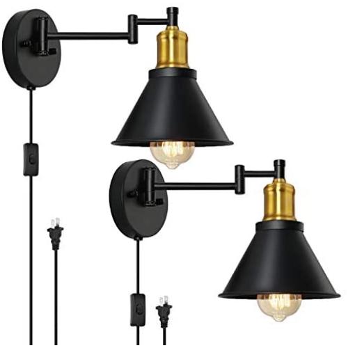 HAITRAL Wall Lamps Set of 2- Plug in Wall Lamps with Brass Finish & Switch, Plug-in Sconces& Hardwired Swing Arm Wall Lamps for Bedroom, Living Room, Dorm, Kitchen-Black