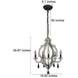 DOCHEER Vintage Rustic Metal Wooden Chandelier Distressed White Farmhouse 5- Lights Wooden Chandeliers Pendant Lighting Fixtures for Dining Room, Bedroom, Living Room, Bathrooms Lighting