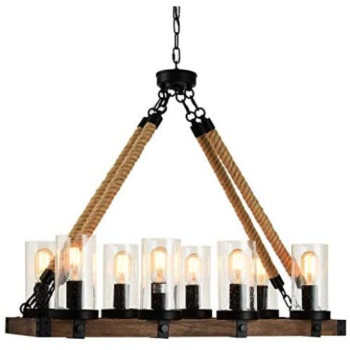 GZBtech Farmhouse Rectangular Chandelier, 8-Light 30.5 Adjustable Black Iron & Wood Large Pendant Lighting, Rustic Sturdy Hemp Rope Hanging Lights with Seeded Glass Shade for Dining Living Room