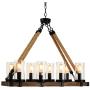 GZBtech Farmhouse Rectangular Chandelier, 8-Light 30.5 Adjustable Black Iron & Wood Large Pendant Lighting, Rustic Sturdy Hemp Rope Hanging Lights with Seeded Glass Shade for Dining Living Room