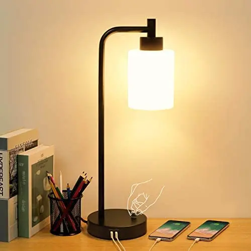 Boncoo Industrial USB Table Lamp Stepless Dimmable Bedside Desk Lamp with 2 USB Charging Ports Vintage Nightstand Lamps Opal Glass Shade Simple Reading Lamp for Living Room Office 6W LED Bulb Included