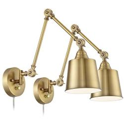 Mendes Modern Swing Arm Wall Lamps Set of 2 Antique Brass Plug-in Light Fixture Adjustable Up Down Metal Shade for Bedroom Bedside Living Room Reading - 360 Lighting