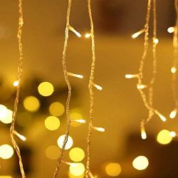 Outdoor Icicle Curtain Light Battery Powered 9.8ft Window Christmas Curtain Light Garland Twinkle String Light for Outdoor Indoor Xmas New YearDecor(Warm White)