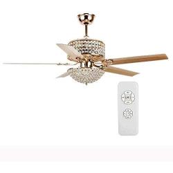 Chandelier Crystal Ceiling Fan Light with Remote Control, 2-Layer 52-Inch 5 Wood Blade Leaves Adjustable Light and Speed Fandaliers Ceiling Fan Light for Living Room/Bedroom, Gold