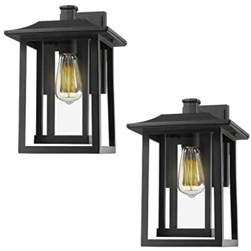 Beionxii Outdoor Wall Lights | Set of 2 Exterior Light Fixtures Wall Mount Sconces, Sand Textured Black with Clear Glass(9''W x 13.5''H) - A197W-2PK