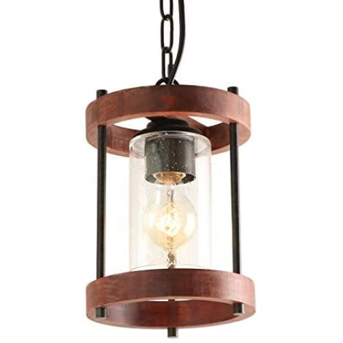 Giluta Round Wood Pendant Light Kitchen Island Hanging Light Fixture with Seeded Glass Shade, Rustic Dining Room Ceiling Light Fixture Height Adjustable , UL Listed