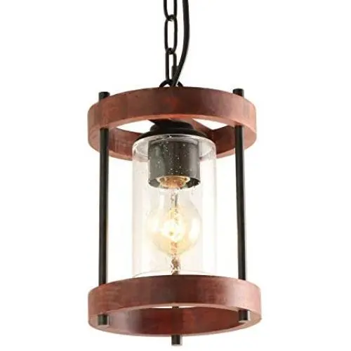 Giluta Round Wood Pendant Light Kitchen Island Hanging Light Fixture with Seeded Glass Shade, Rustic Dining Room Ceiling Light Fixture Height Adjustable , UL Listed