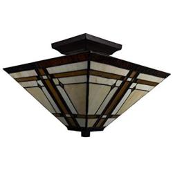 Amora Lighting Tiffany Style Ceiling Fixture Lamp Mission 14'' Semi Flush Mount Wide Stained Glass Tan Brown Antique Vintage Light Decor Living Room Bedroom Kitchen Hallway Gift AM085CL14B, Multicolor