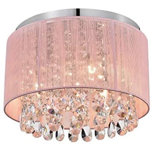 Pink Chandelier Drum Flush Mount Chandelier Crystal Ceiling Light Fixture 3 Light Bedroom Chandelier