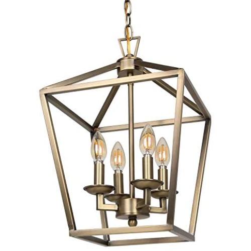 4-Light Chandelier Ceiling Light Fixture, Metal Lantern Pendant Lighting for Hallway, Entryway and Dinning Room, 18'' H x 12'' W, Soft Gold Finish, ETL Listed