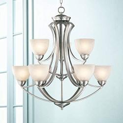 Milbury Satin Nickel Chandelier 30'' Wide Modern White Alabaster Glass 2 Tier 9-Light Fixture for Dining Room House Foyer Kitchen Island Entryway Bedroom Living Room - Possini Euro Design
