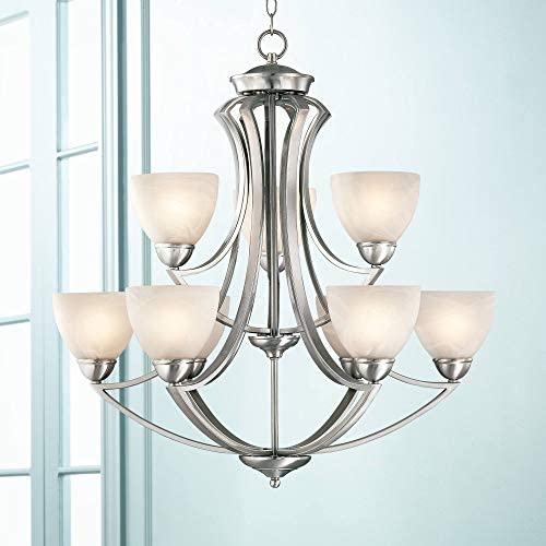 Milbury Satin Nickel Chandelier 30'' Wide Modern White Alabaster Glass 2 Tier 9-Light Fixture for Dining Room House Foyer Kitchen Island Entryway Bedroom Living Room - Possini Euro Design
