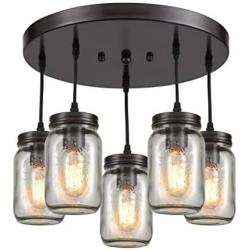 EUL Rustic Mason Jar Semi Flush Mount Ceiling Light 5-Light Pendant Lighting Fixture Oil Rubbed Bronze