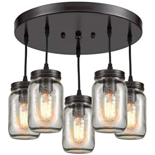 EUL Rustic Mason Jar Semi Flush Mount Ceiling Light 5-Light Pendant Lighting Fixture Oil Rubbed Bronze