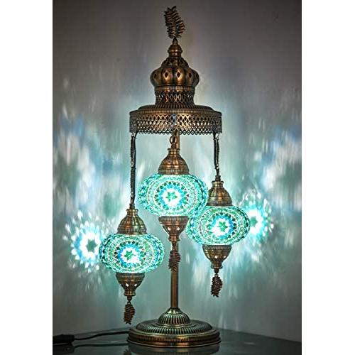 (16 Colors) Demmex 2020 - 3 Big Globes Magnificent Handmade Turkish Moroccan Mosaic Tiffany Table Desk Bedside Lamp Lampshade Night Accent Mood Light for North American Use, 31'' Height (Blue-Green)