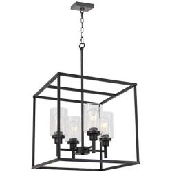 VINLUZ 4 Light Hanging Lantern Pendant Light Black Industrial Cage Dining Room Chandelier with Clear Glass Shade for Kitchen Foyer Entryway Dining Room