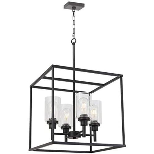 VINLUZ 4 Light Hanging Lantern Pendant Light Black Industrial Cage Dining Room Chandelier with Clear Glass Shade for Kitchen Foyer Entryway Dining Room