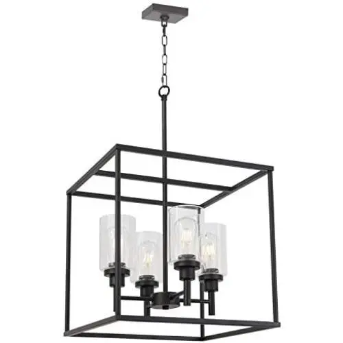 VINLUZ 4 Light Hanging Lantern Pendant Light Black Industrial Cage Dining Room Chandelier with Clear Glass Shade for Kitchen Foyer Entryway Dining Room