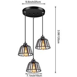 Industrial Pendant 3-Lights Pendant Lighting, FadimiKoo Farmhouse Rustic Style Hanging Light with Matte Black Cage, Vintage Kitchen Island Pendant Light Fixture for Dining Room Bedroom Hallway Bar